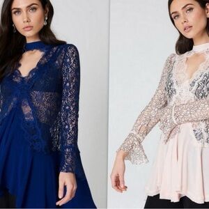 NWT Free People Secret Origins Pieced Lace Tunic Dress Sz XS Boho Romantic Blue